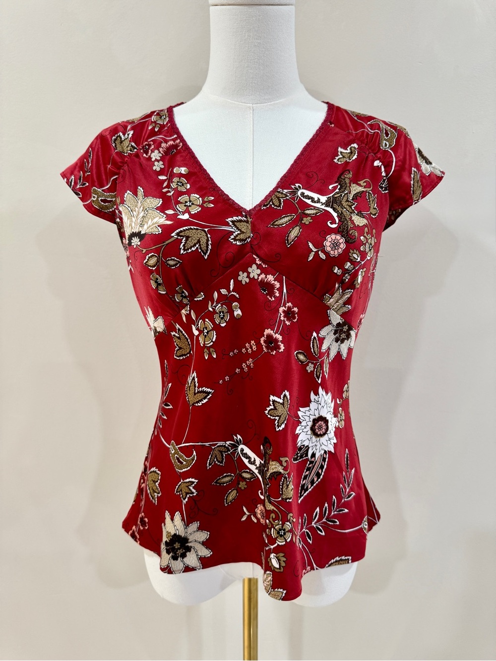 Ann Taylor Y2K Satin Top Floral Cap Sleeve Crimson Red Blouse 4P/Small Petite